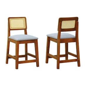 Kit 2 Banquetas Baixa-cadeira Gabi Madeira Maciça Encosto Telinha - Amêndoa Assento Estof. Linho Bege Mescla Impermeável