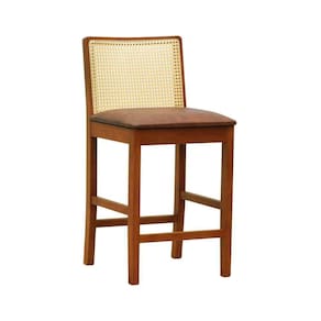 Banqueta Média Pérola Madeira Maciça Com Telinha C- 62cm Altura - Amêndoa Assento Estofado Corano Marrom Mescla