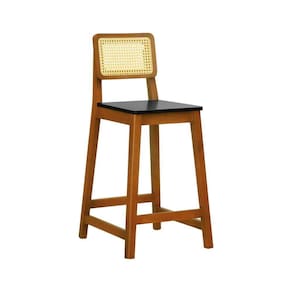 Banqueta Gabi Madeira Maciça Encosto Telinha C- 68cm Altura - Amêndoa Assento Preto Madeira