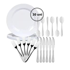 Kit 12 Pratos Branco Raso Melamina Garfo Faca Colher Inox