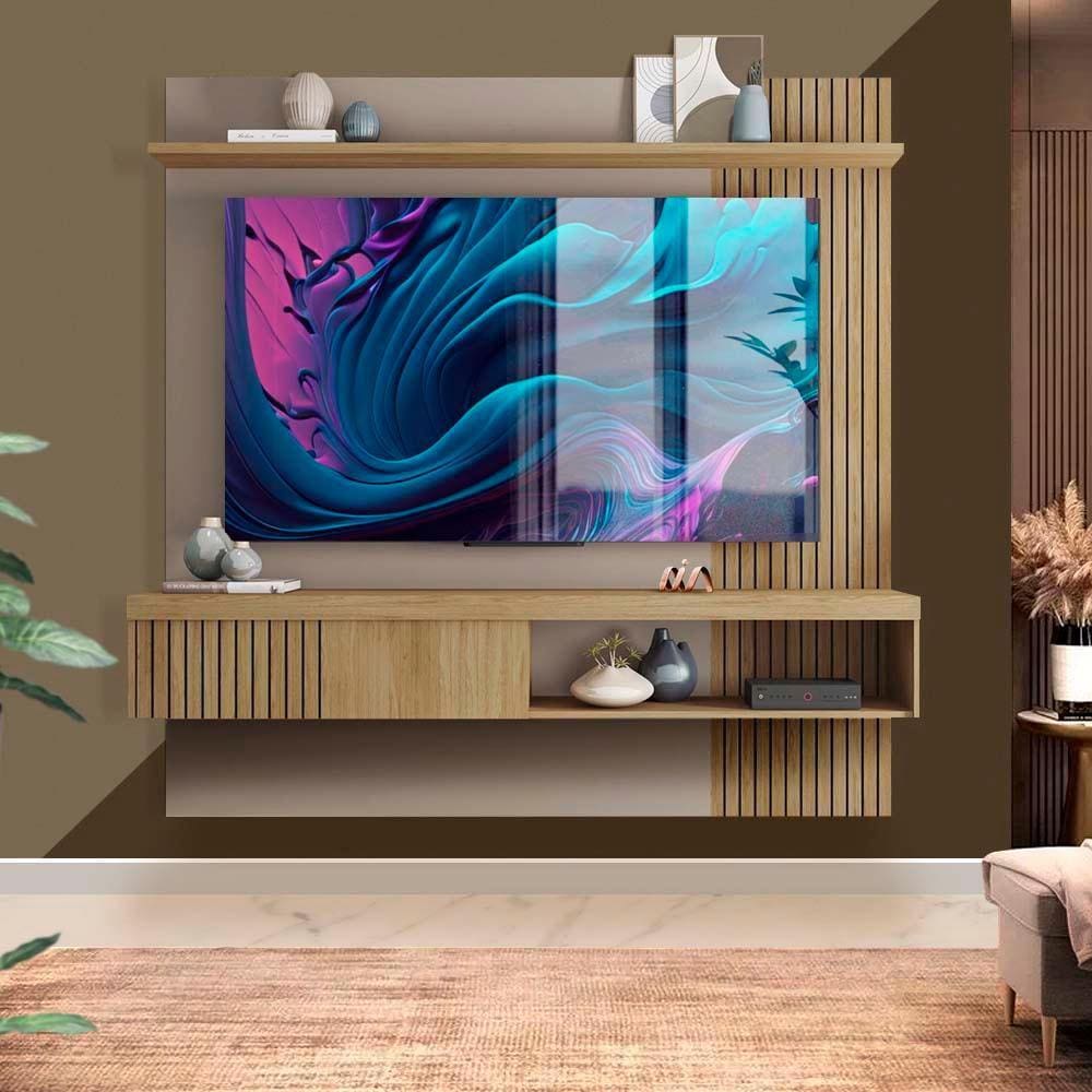 Painel Moderno Para Sala Até 65 Polegadas Com Detalhe Ripado 180cm Buriti Marrom Arzelie Shop Jm - Marrom