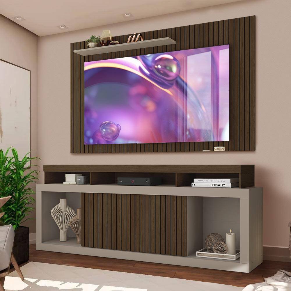 Kit Rack E Painel Para Tv 65 Polegadas Com Detalhe Frisado 180cm Marron Havana Maude Shop Jm - Marrom