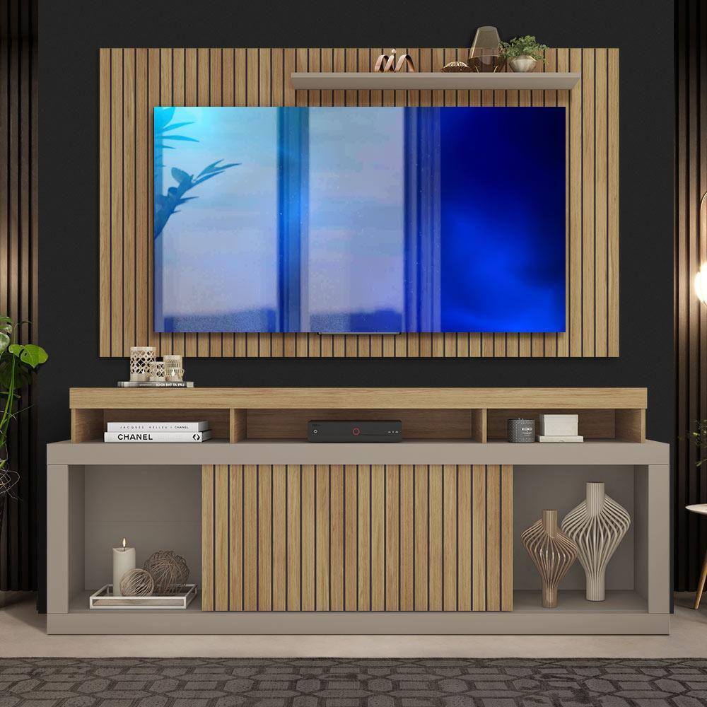 Conjunto Rack E Painel Para Tv 65 Polegadas Com Detalhe Frisado 180cm Buriti Marrom Bridget Shop Jm - Marrom