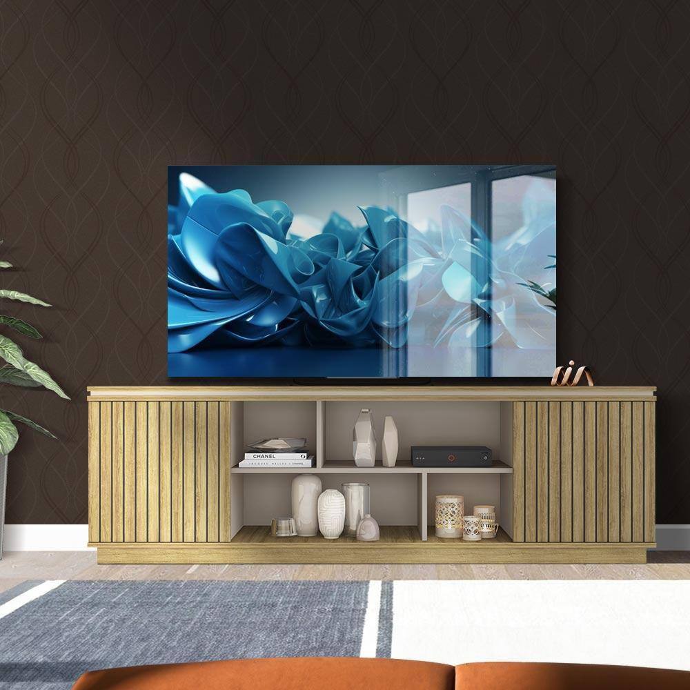 Bancada Para Tv 75 Polegadas Com Portas Ripadas 180cm Lamina Marrom Cacao Perfect Wyatt Shop Jm - Marrom