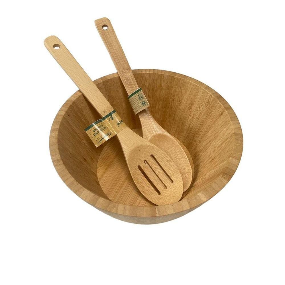 Saladeira De Bambu Com 24 Cm E Pegadores De Bambu