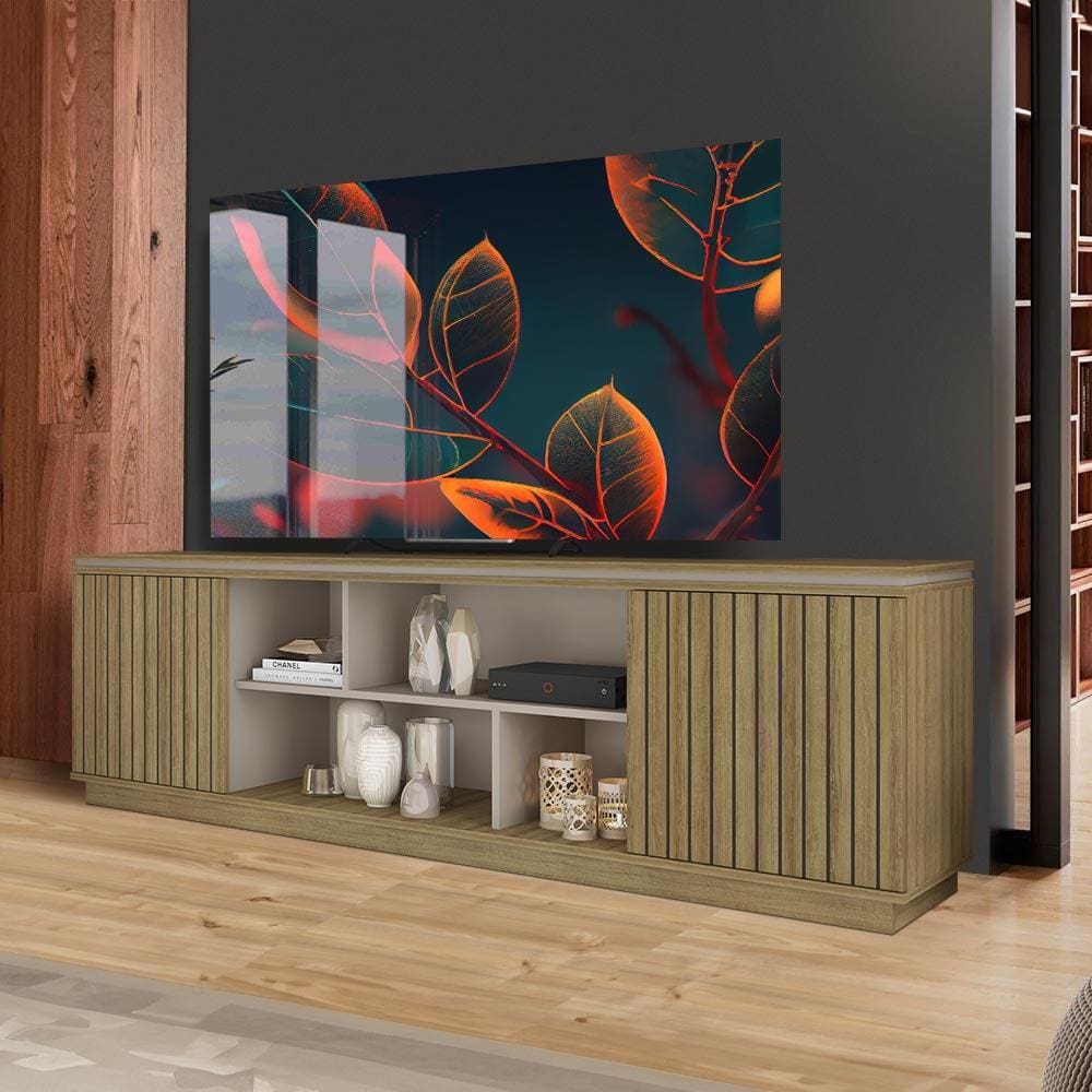 Rack Bancada Para Sala Até 75 Polegadas Com Portas Ripadas 180cm Lamina Marrom Cacao Perfect Maxon Shop Jm - Marrom