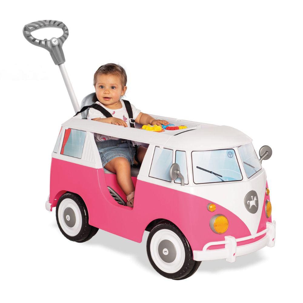 Carrinho de bebê a pedal com empurrador Kombina Rosa com aro protetor e cinto de segurança