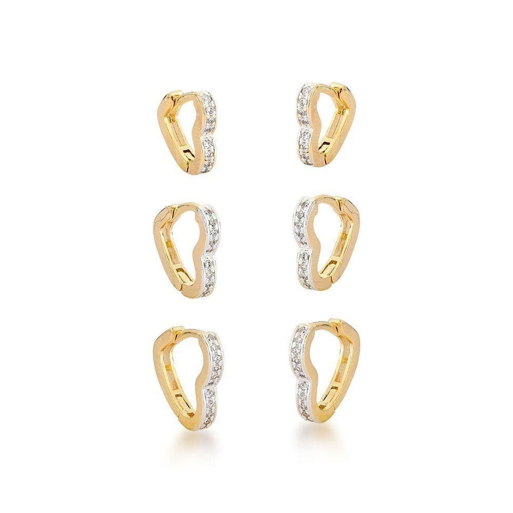 Trio Brincos Argolas Coração Cravejadas Banhadas A Ouro 18k
