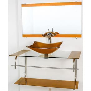 Gabinete De Vidro Inox 90cm Cuba Retangular Dourado