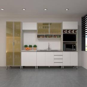 Cozinha Completa 6 Peças Sem Pia Com Vidro Reflecta Lis Legno Crema Com Branco Mat