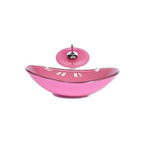 Cuba De Vidro Oval 47cm Rosa + Valvula + Torneira Cascata