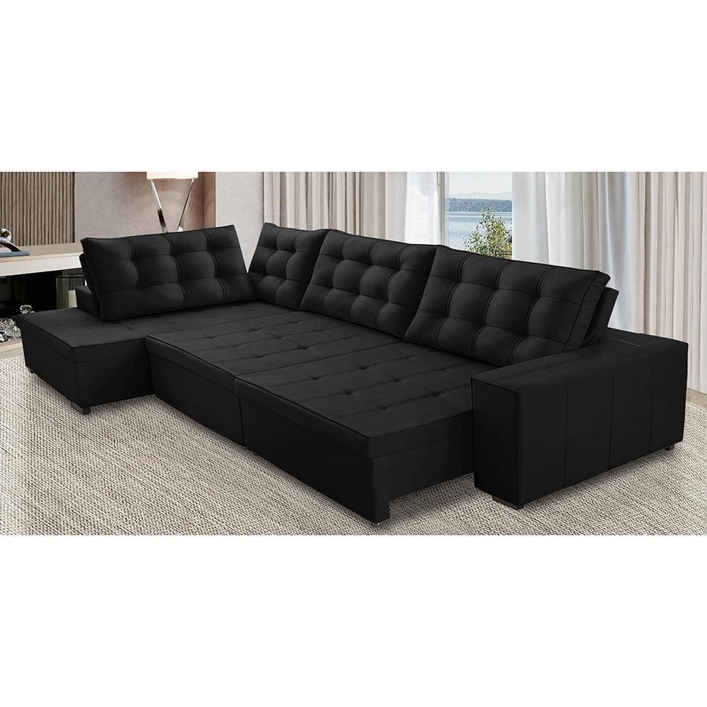Sofá de Canto Retrátil e Reclinável com Molas 3,00x2,00 LE Jacke Suede Preto Madelina Decor