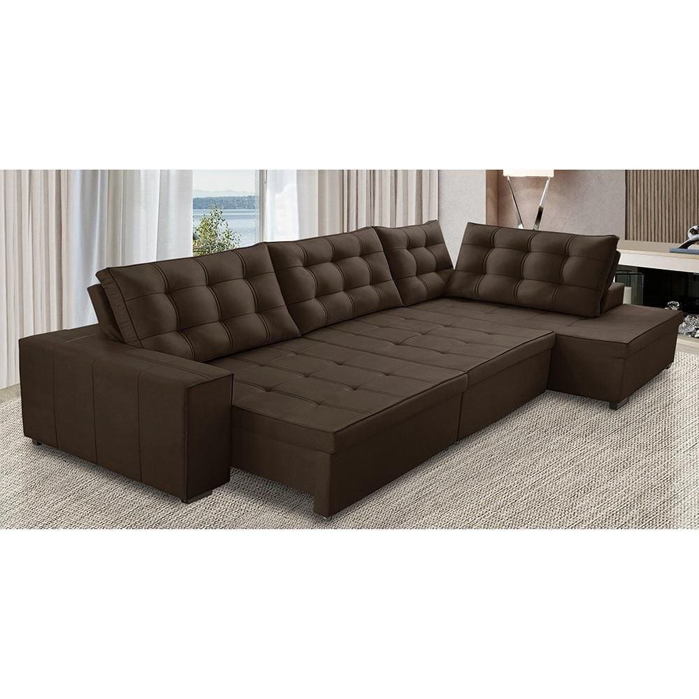 Sofá de Canto Retrátil e Reclinável com Molas 3,00x2,00 LD Jacke Suede Marrom Madelina Decor