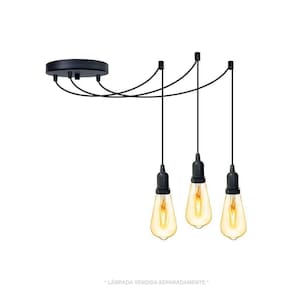 Lustre Aranha Com 3 Pendentes (2m Cabo Preto + Soquetes + Canopla)