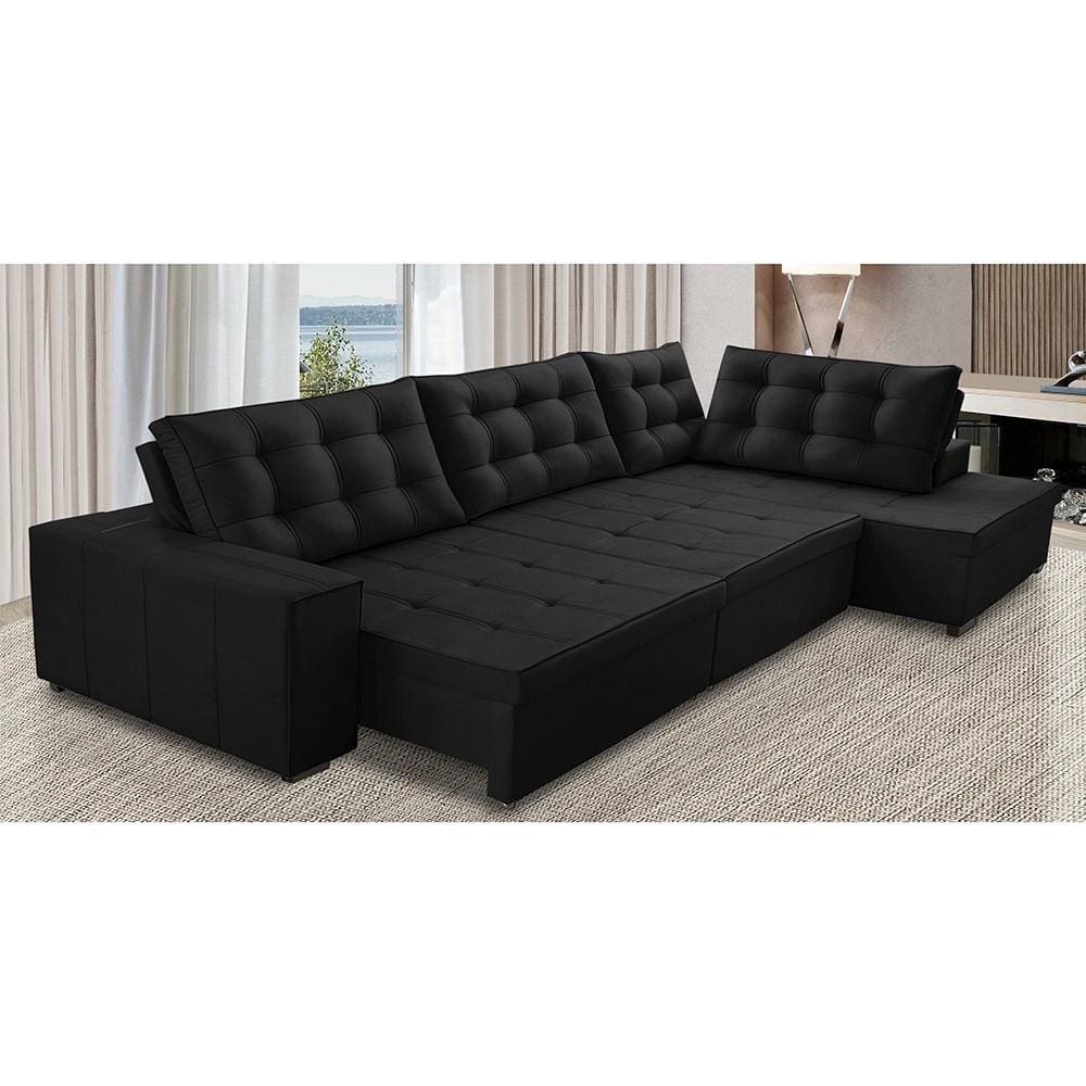 Sofá de Canto Retrátil e Reclinável com Molas 3,00x2,00 LD Jacke Suede Preto Madelina Decor