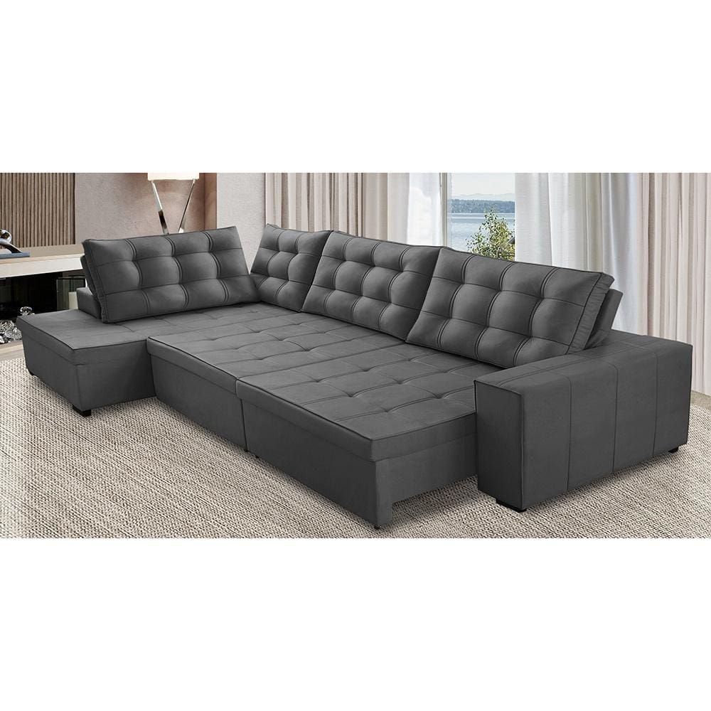 Sofá de Canto Retrátil e Reclinável com Molas 3,40x2,00 LE Jacke Suede Cinza Madelina Decor