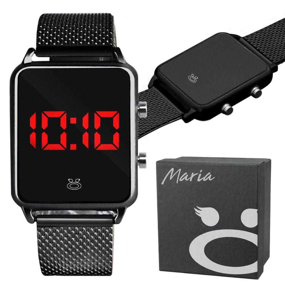 Relogio feminino digital led + caixa preto qualidade premium ajustavel social led preto casual moda
