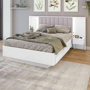 Cama Casal 140cm com Usb, Usb-c 2 Mesa de Cabeceiras Solaris Branco/Bege