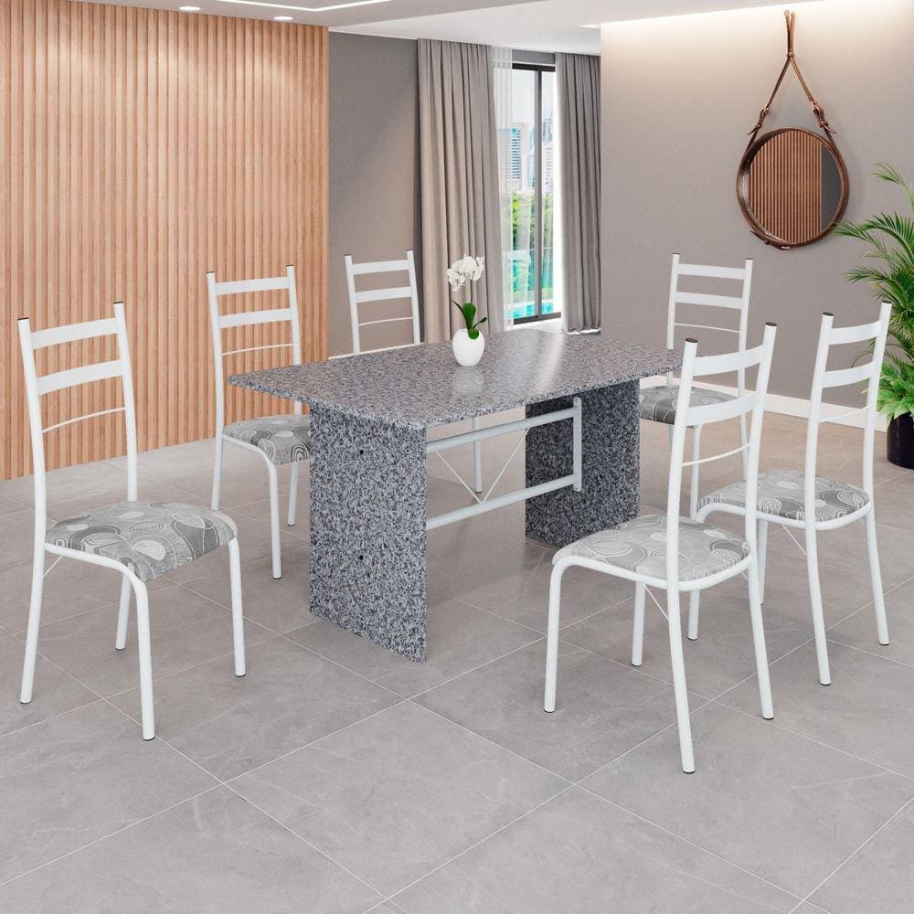 Conjunto Sala de Jantar Mesa Retangular 140x75cm Tampo Granito Ocre 6 Cadeiras Marselha Paraopeba / Branco