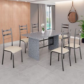 Conjunto Sala de Jantar Mesa Retangular 140x75cm Tampo Granito Ocre 6 Cadeiras Marselha Creme / Mart Prata