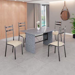 Conjunto Sala de Jantar Mesa Retangular 120x75cm Tampo Granito Ocre 4 Cadeiras Marselha Creme / Mart Prata