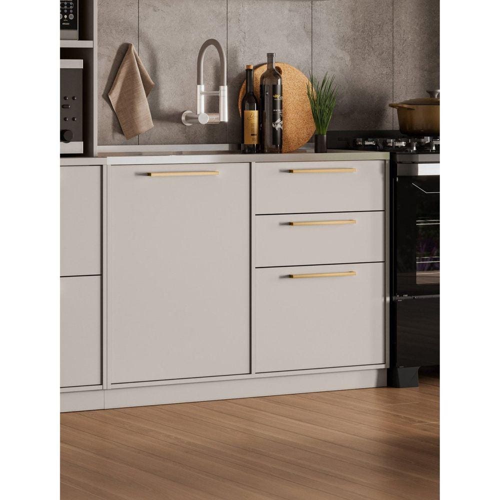 Balcão 1 Porta 3 Gavetas 120cm 100% Mdf com Pia Inox e Dobradiças Slow Motion 100% Mdf Essence Cinza