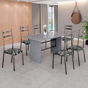 Conjunto Sala de Jantar Mesa Retangular 140x75cm Tampo Granito Ocre 6 Cadeiras Marselha Preto Floral / Mart Prata