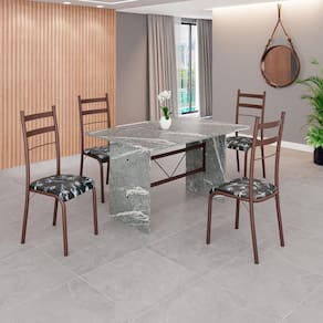 Conjunto Sala de Jantar Mesa Retangular 120x75cm Tampo Granito Topázio 4 Cadeiras Marselha Preto Floral / Marrom