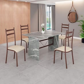 Conjunto Sala de Jantar Mesa Retangular 120x75cm Tampo Granito Topázio 4 Cadeiras Marselha Creme / Marrom