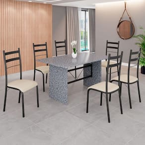Conjunto Sala de Jantar Mesa Retangular 140x75cm Tampo Granito Ocre 6 Cadeiras Marselha Creme / Preto Fosco