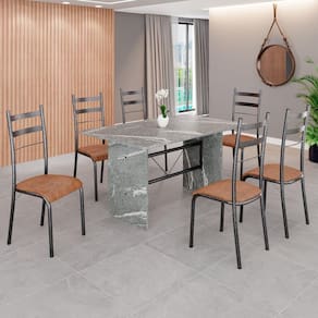 Conjunto Sala de Jantar Mesa Retangular 140x75cm Tampo Granito Topázio 6 Cadeiras Marselha C. Marrom / Mart Prata
