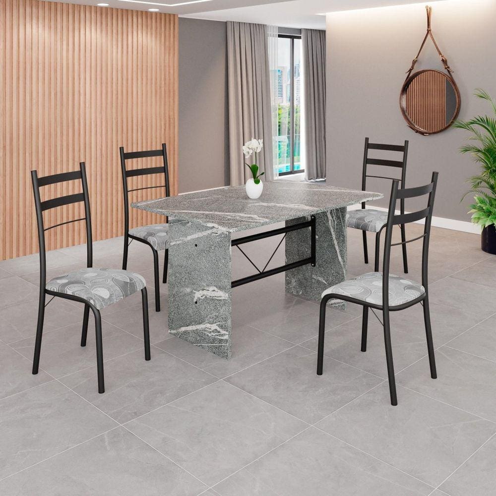 Conjunto Sala de Jantar Mesa Retangular 120x75cm Tampo Granito Topázio 4 Cadeiras Marselha Paraopeba/ Preto Fosco