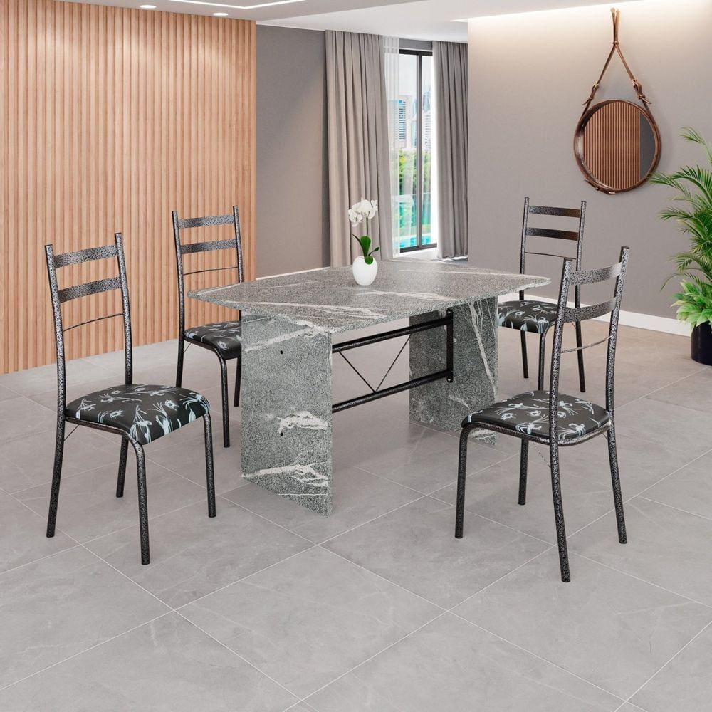Conjunto Sala de Jantar Mesa Retangular 120x75cm Tampo Granito Topázio 4 Cadeiras Marselha Preto Floral / Mart Prata