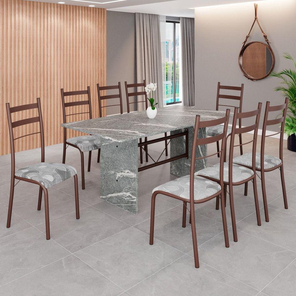 Conjunto Sala de Jantar Mesa Retangular 180x75cm Tampo Granito Topázio 8 Cadeiras Marselha Paraopeba / Marrom