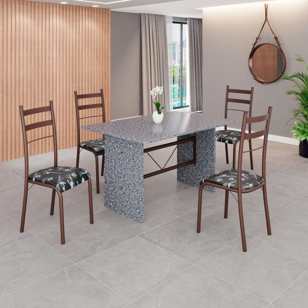 Conjunto Sala de Jantar Mesa Retangular 120x75cm Tampo Granito Ocre 4 Cadeiras Marselha Preto Floral / Marrom