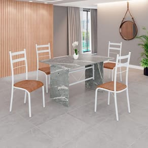 Conjunto Sala de Jantar Mesa Retangular 120x75cm Tampo Granito Topázio 4 Cadeiras Marselha C. Marrom / Branco