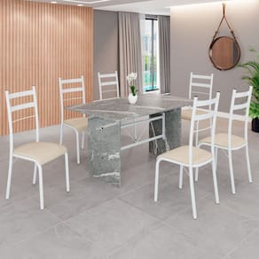 Conjunto Sala de Jantar Mesa Retangular 140x75cm Tampo Granito Topázio 6 Cadeiras Marselha Creme / Branco