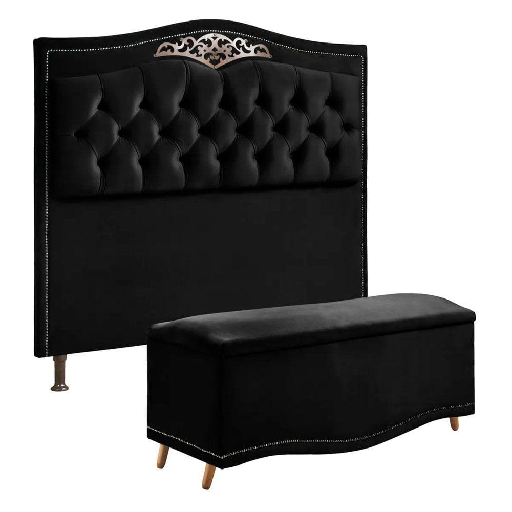 Conjunto Cabeceira e Calçadeira Holanda 90cm Veludo Shop das Cabeceiras