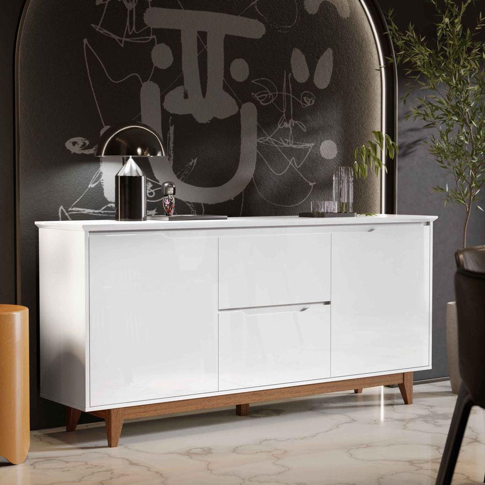 Aparador Buffet Sala Flow 2 Portas 2 Gavetas com Pés de Madeira Branco - Rede Móveis