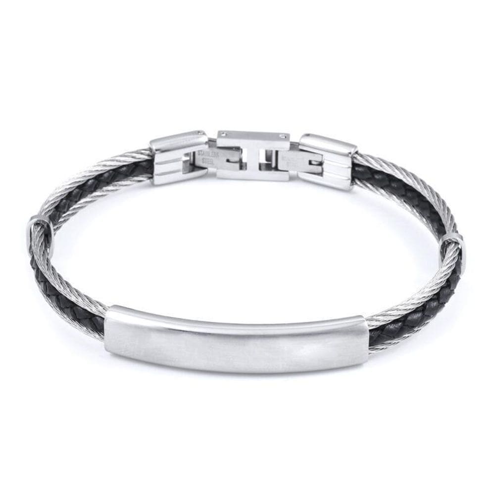 Bracelete Aço 2 Tira Torçido 1 Couro Preto Trançado