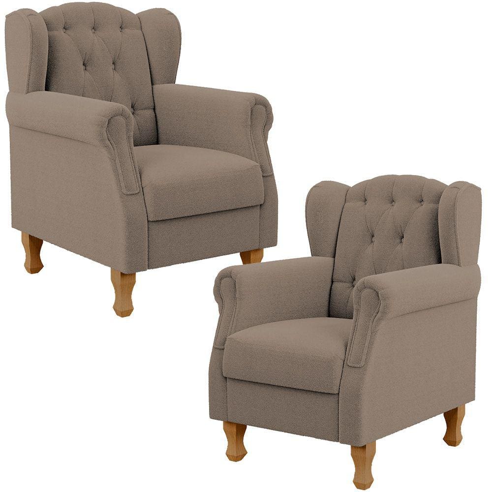 Kit 02 Poltronas Decorativa Para Sala De Estar Yara P02 Bouclê Bege - Lyam Decor
