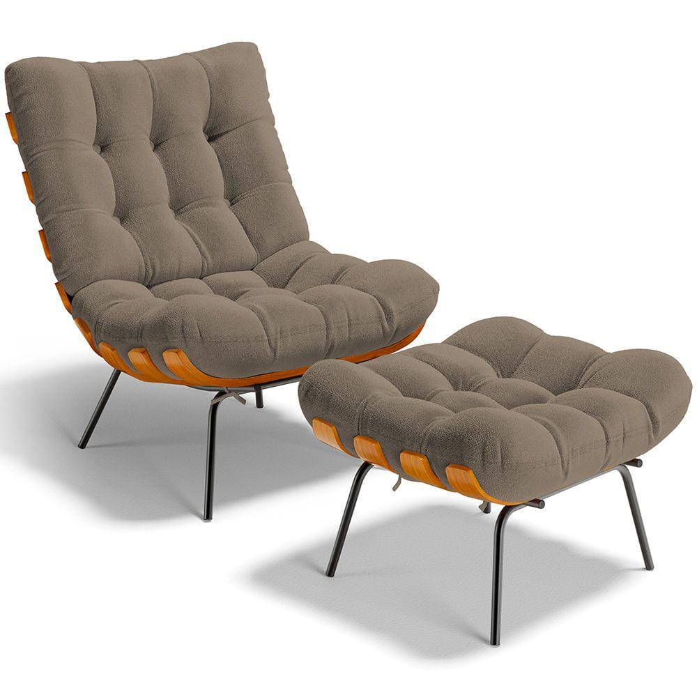 Poltrona Costela L02 com Puff Sala de Estar Bouclê Bege  - Lyam Decor