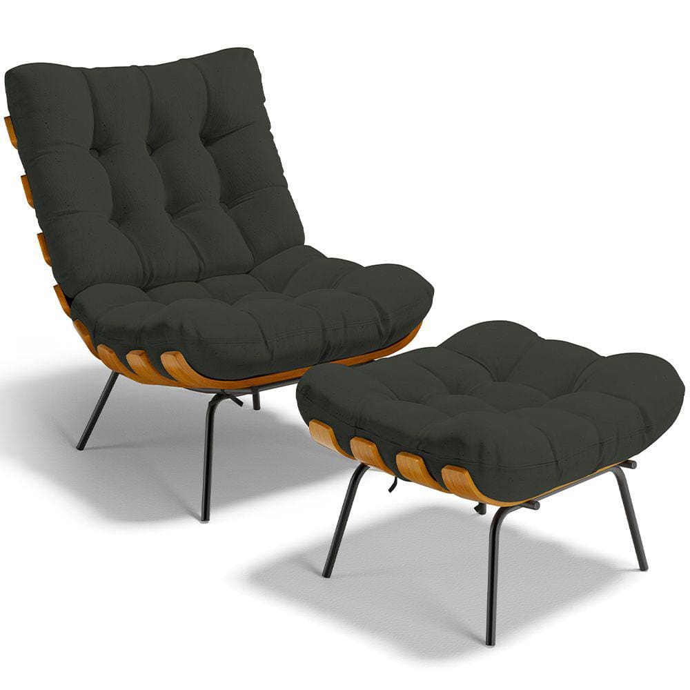 Poltrona Costela L02 com Puff Sala de Estar Linho Verde - Lyam Decor