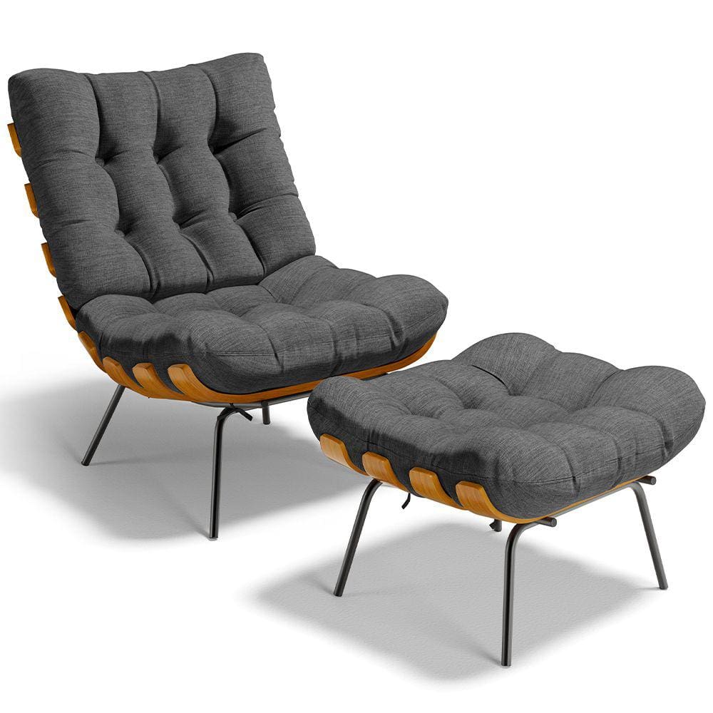 Poltrona Costela L02 com Puff Sala de Estar Linho Cinza Escuro - Lyam Decor