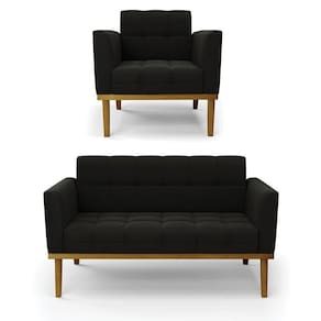 Namoradeira Com Poltrona Base De Madeira Castanho Elisa Suede D03 - D\`rossi Cor Preto