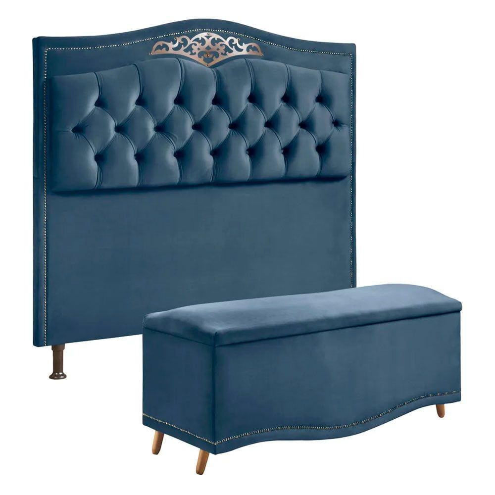 Conjunto Cabeceira e Calçadeira Holanda 140cm Veludo Luxor Azul Shop das Cabeceiras