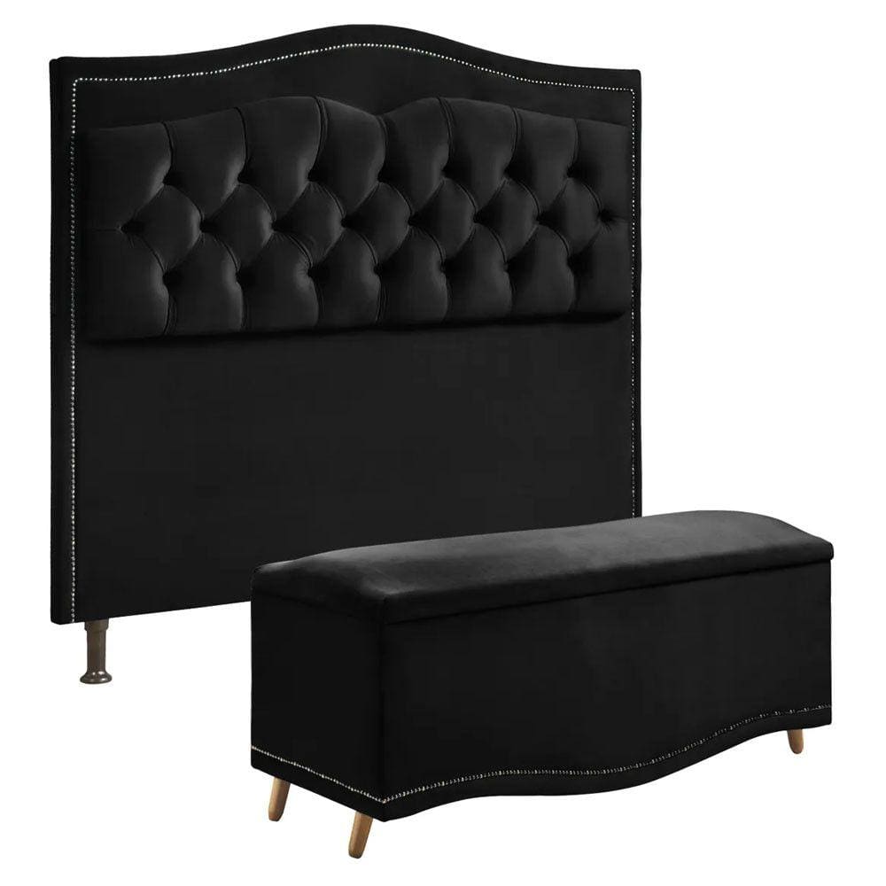 Conjunto Cabeceira e Calçadeira Holanda 1,60 cm Veludo 2.0 Shop das Cabeceiras