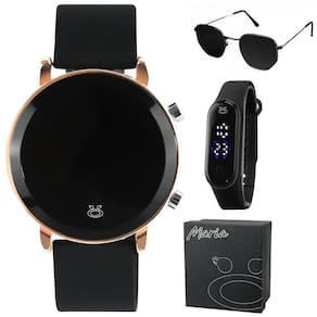 Relogio aço inox feminino banhado digital + oculos sol + caixa maria moda preto dourado