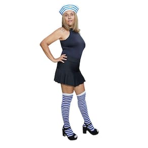 Acessórios Fantasia Marinheira: Meia 7/8 Listrada Azul e Branco + Chapéu Quepe