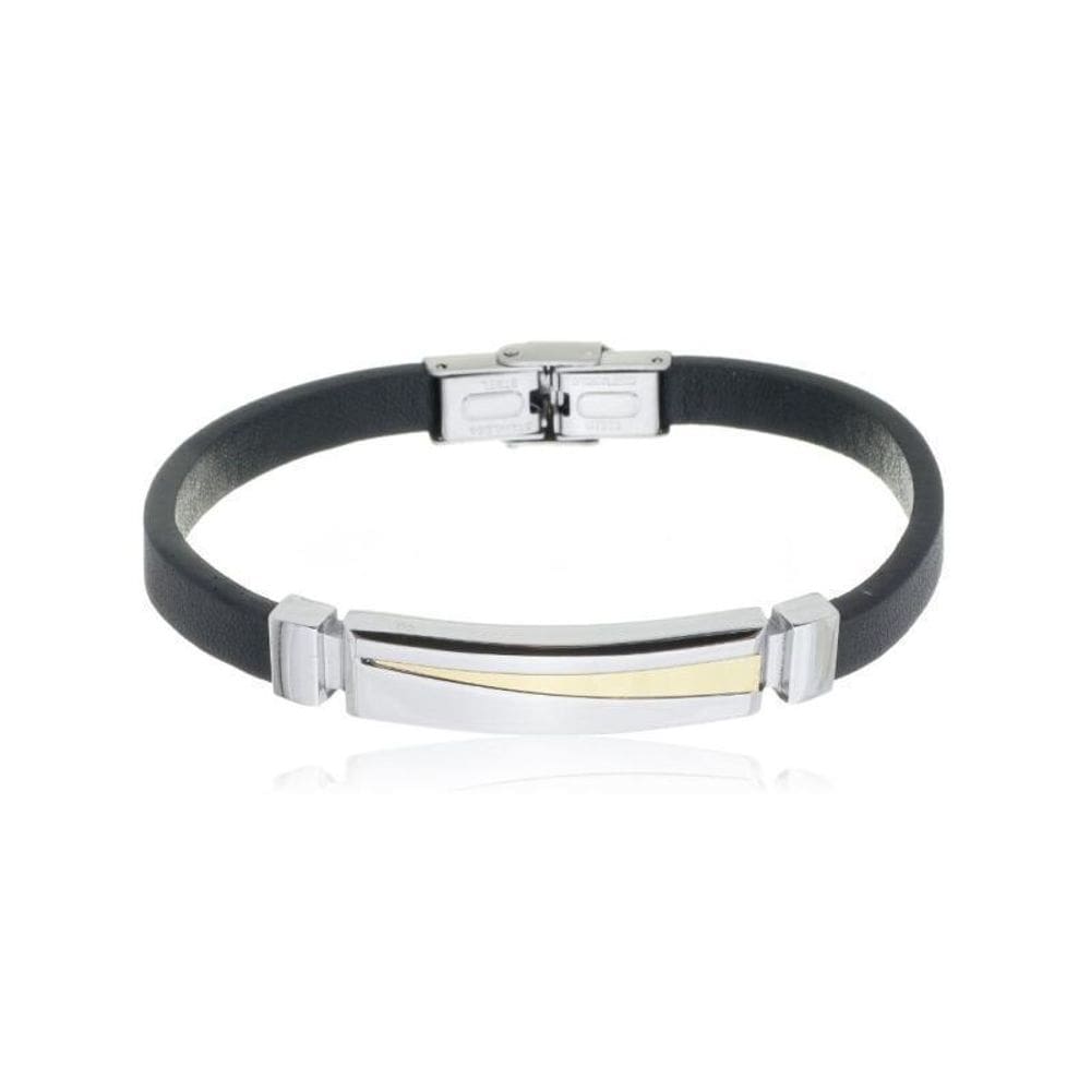 Bracelete Aço 20Cm Couro Preto Trabalhado Com Placa 10X36Mm